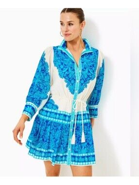 Lilly Pulitzer Blue & White Floral Tie-Waist Mini Dress